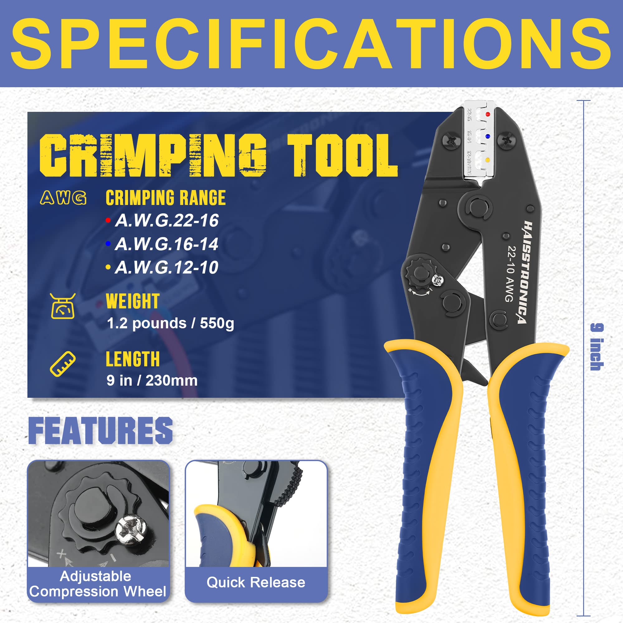 Electrical crimper tool—Haisstronica AWG 22–10 Ratchet Wire Terminal Crimper
