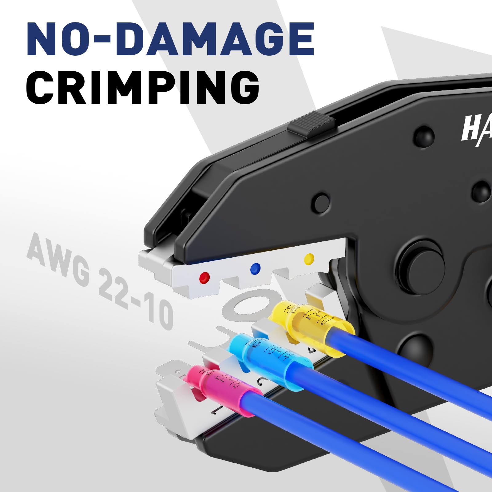 Crimping terminal connectors—Haisstronica AWG 22–10 Ratchet Wire Terminal Crimper; tight, uniform compressions