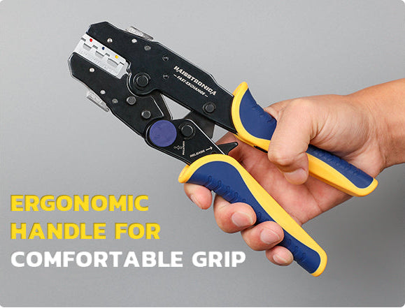 Ergonomic landscape crimping tool; cushioned grips reduce fatigue as ratchet jaws give solid terminations on wiring.