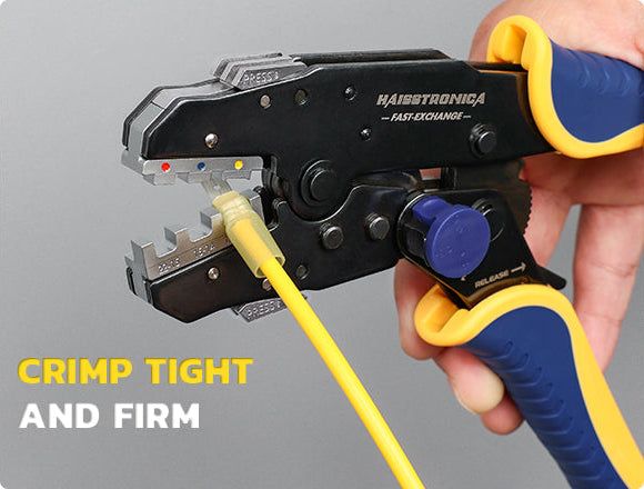 Crimping tools compress a yellow insulated terminal; color bands guide die selection for quick, low-effort connections.