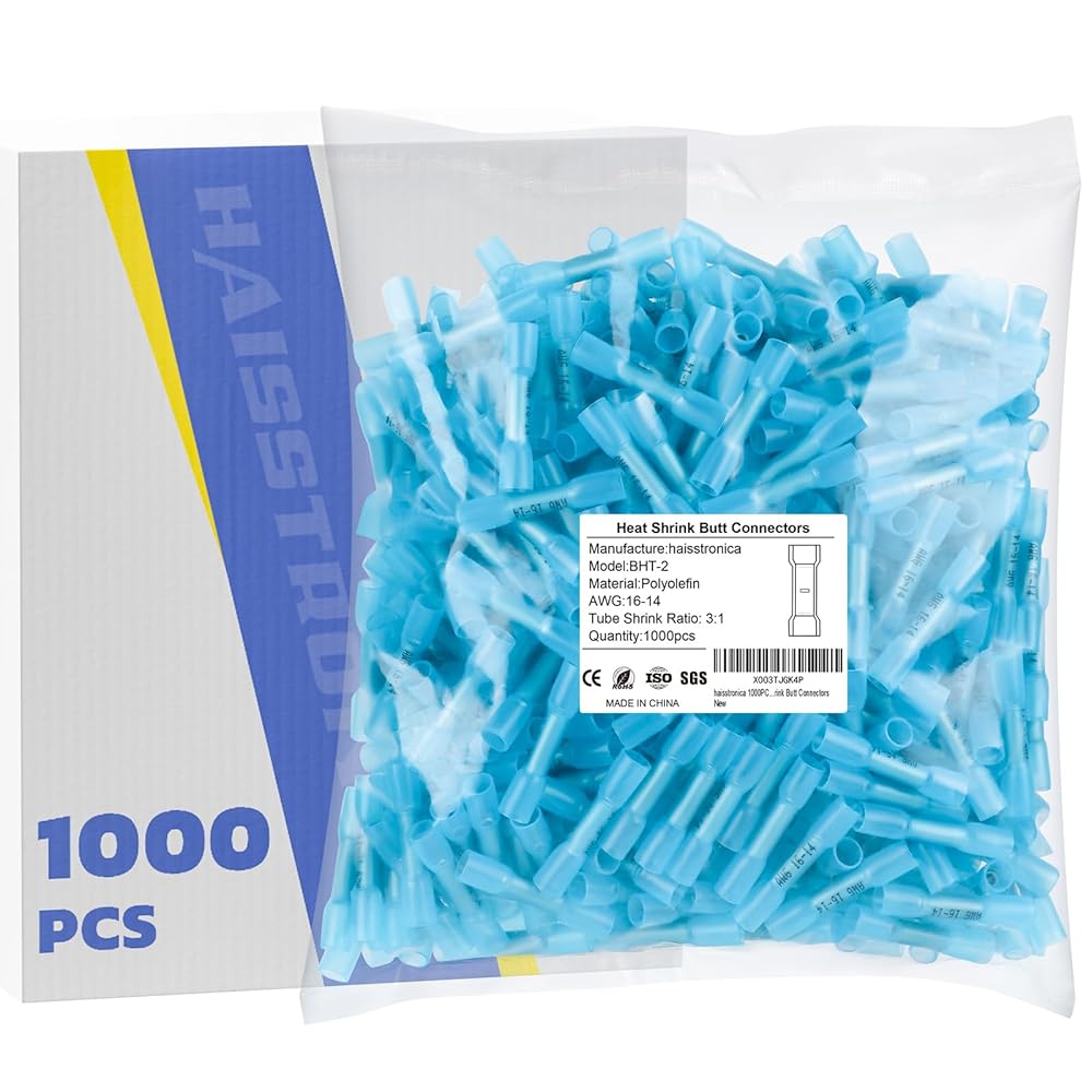 Blue HAISSTRONICA heat shrink connectors, BHT-2, AWG 16-14, 3:1 ratio, bulk 1000PCS packaging.