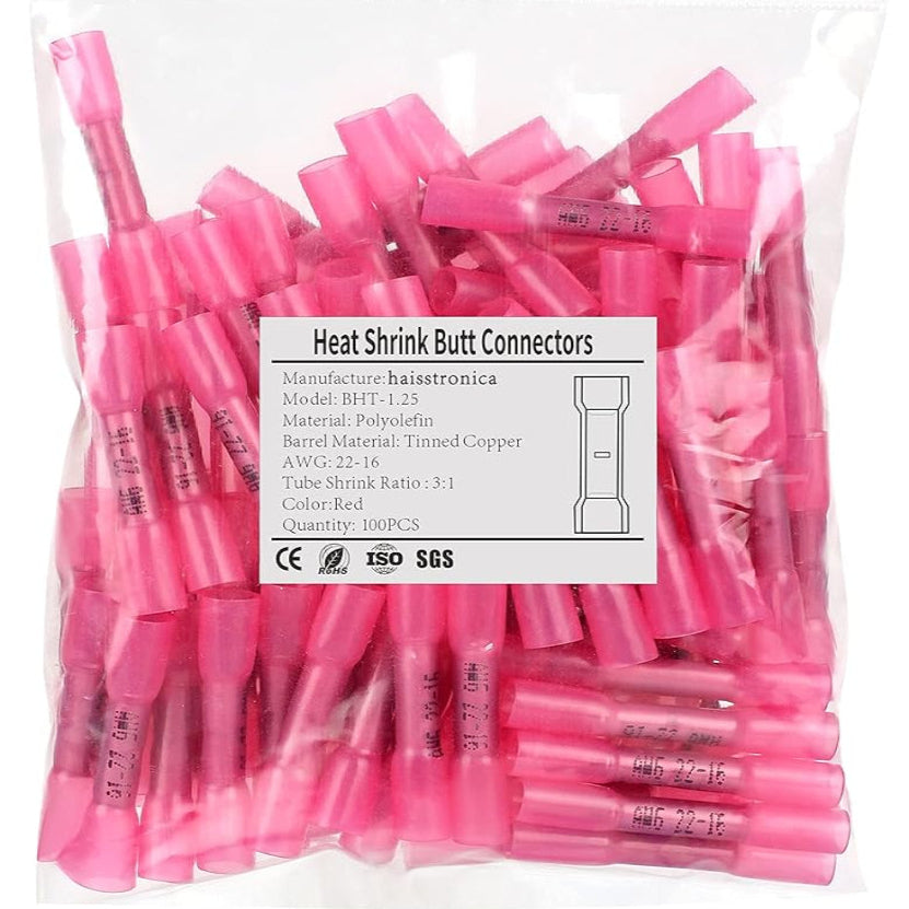 Pink HAISSTRONICA butt splice connectors, BHT-1.25, AWG 22-16, tinned copper, solder-friendly, 100PCS.