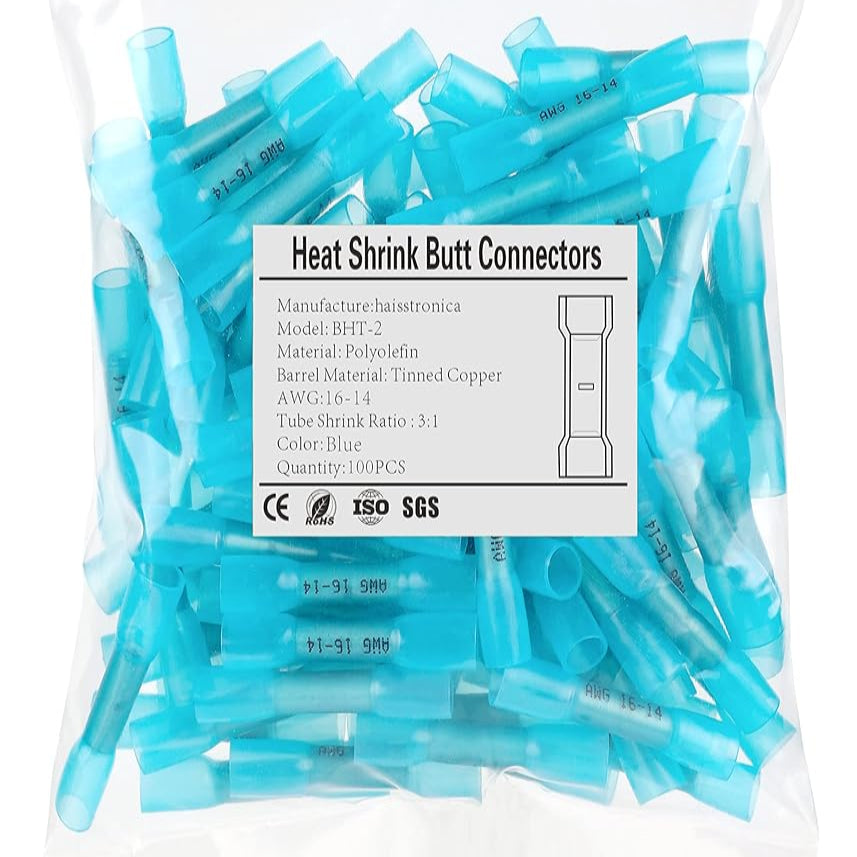 HAISSTRONICA blue heat shrink butt connectors BHT-2, AWG 16-14, 3:1 ratio, Polyolefin, CE/ISO/SGS certified.