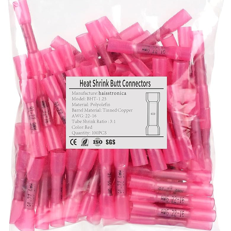 Pink HAISSTRONICA butt splice connectors, BHT-1.25, AWG 22-16, tinned copper, solder-friendly, 100PCS.