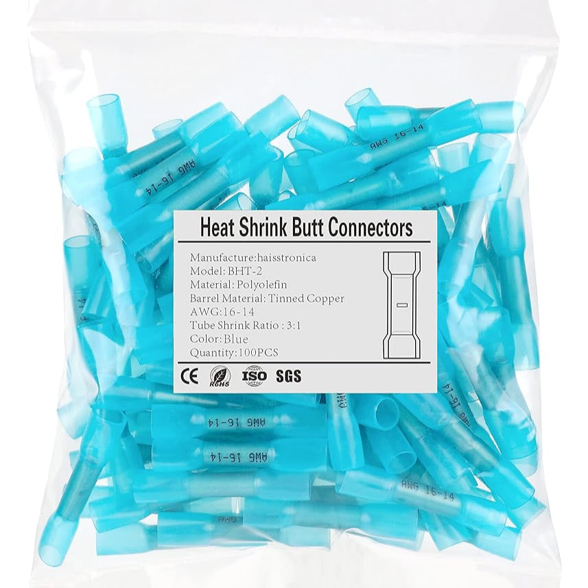 HAISSTRONICA blue heat shrink butt connectors BHT-2, AWG 16-14, 3:1 ratio, Polyolefin, CE/ISO/SGS certified.