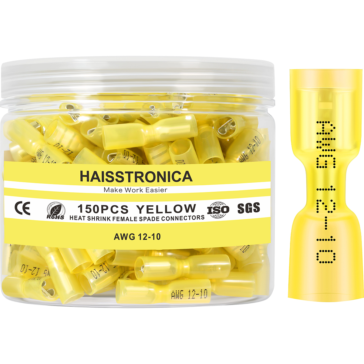 Haisstronica shrink wrap wire connectors, 150PCS yellow female spades for AWG 12-10 cables.