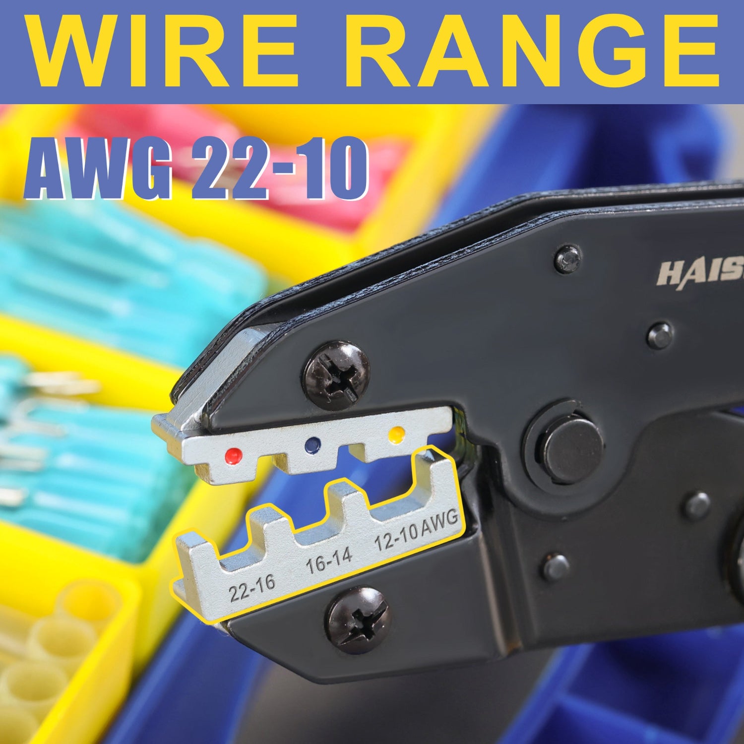 Haisstronica crimping die set (AWG 22-10, 16-14, 12-10) for industrial-grade cable terminations.
