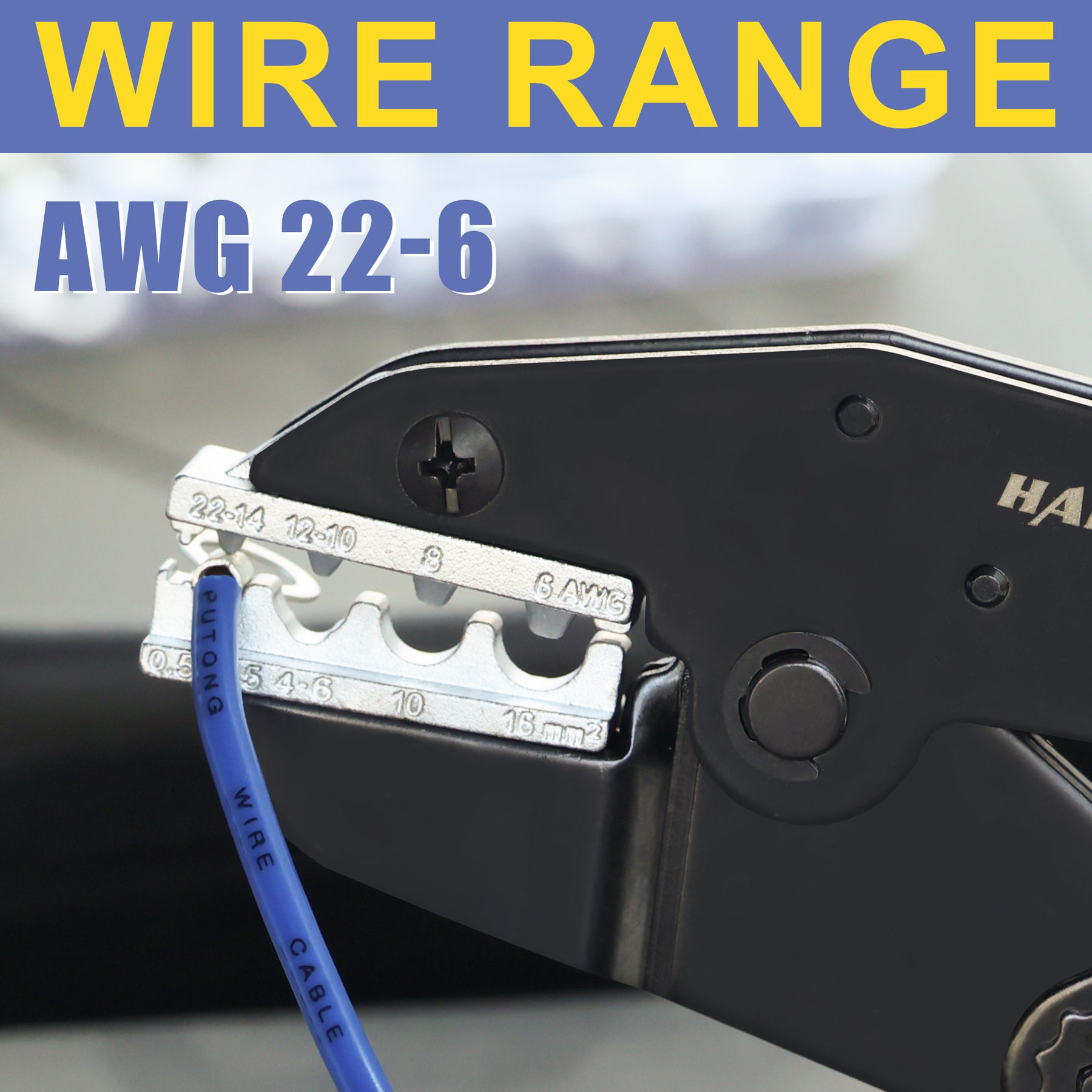 Haisstronica crimper dies compatible with AWG 22-6 cables and industrial-grade non-insulated connectors.