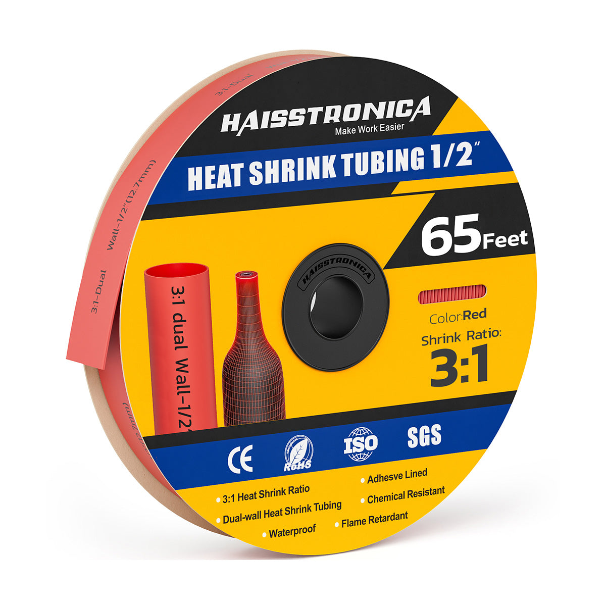 Haisstronica heat shrink tube (1/2", red, 65ft) with 3:1 ratio and flame-retardant properties for DIY projects.