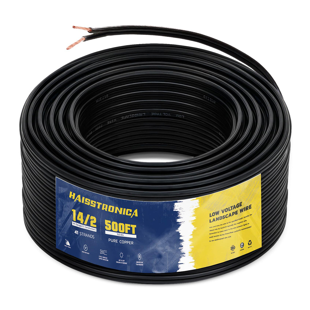 Haisstronica 14/2 low voltage landscape wire, 500ft flexible design for easy outdoor installations.