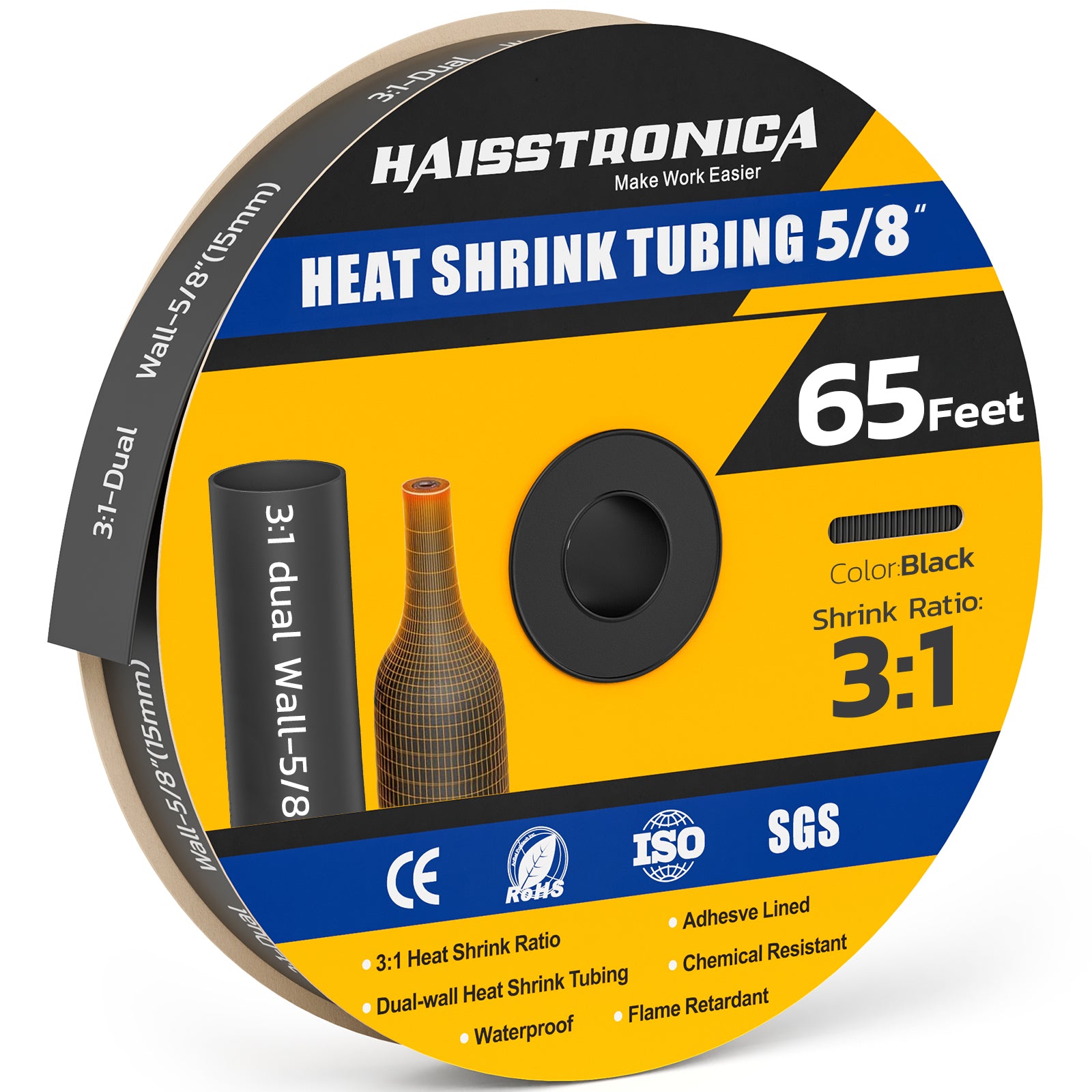 Haisstronica heavy duty heat shrink tubing (5/8", black, 65ft) – 3:1 ratio, waterproof, and chemical-resistant.