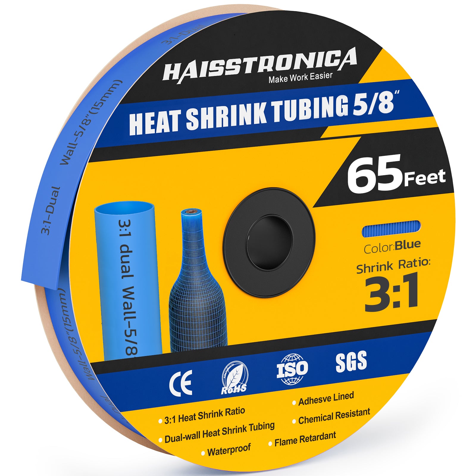 Haisstronica waterproof shrink tubing (5/8", blue, 65ft) – 3:1 dual-wall and TSO-certified for marine applications.
