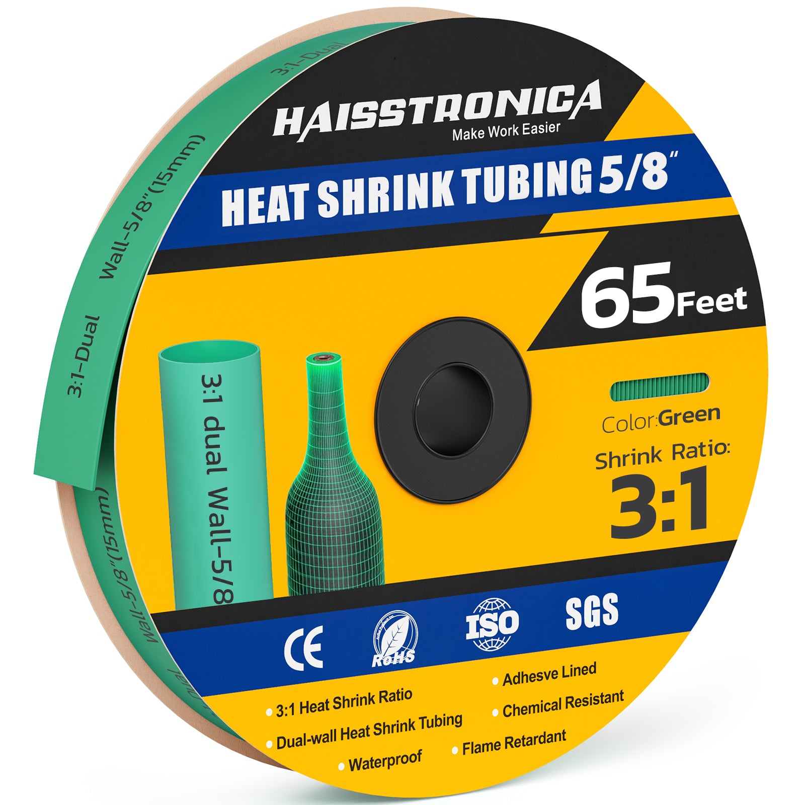 Haisstronica colored heat shrink tubing (5/8", green, 65ft) – flame-retardant, 3:1 ratio, and adhesive-lined.
