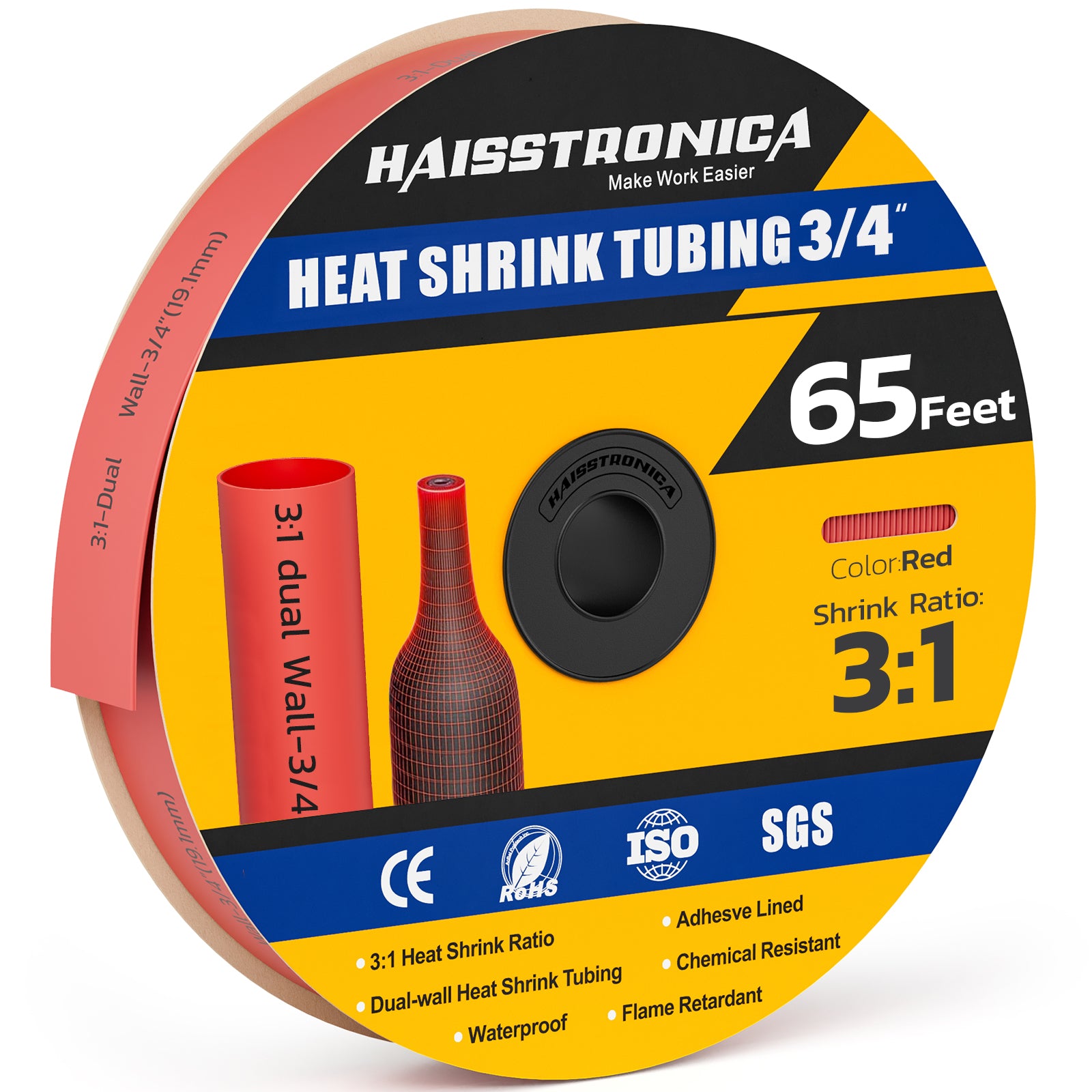 Haisstronica colored heat shrink tubing (3/4", red, 65ft) – 3:1 ratio and dual-wall insulation.
