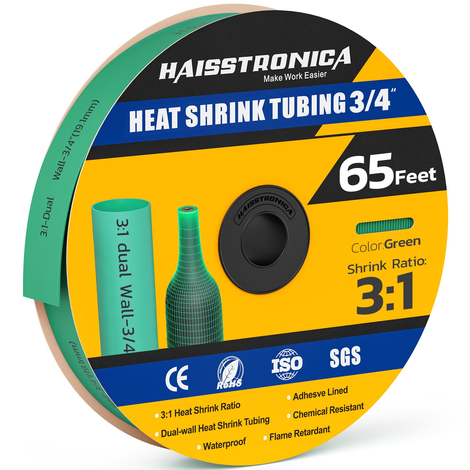 Haisstronica shrink tubing (3/4", green, 65ft) – 3:1 dual-wall design for electrical wires and DIY projects.