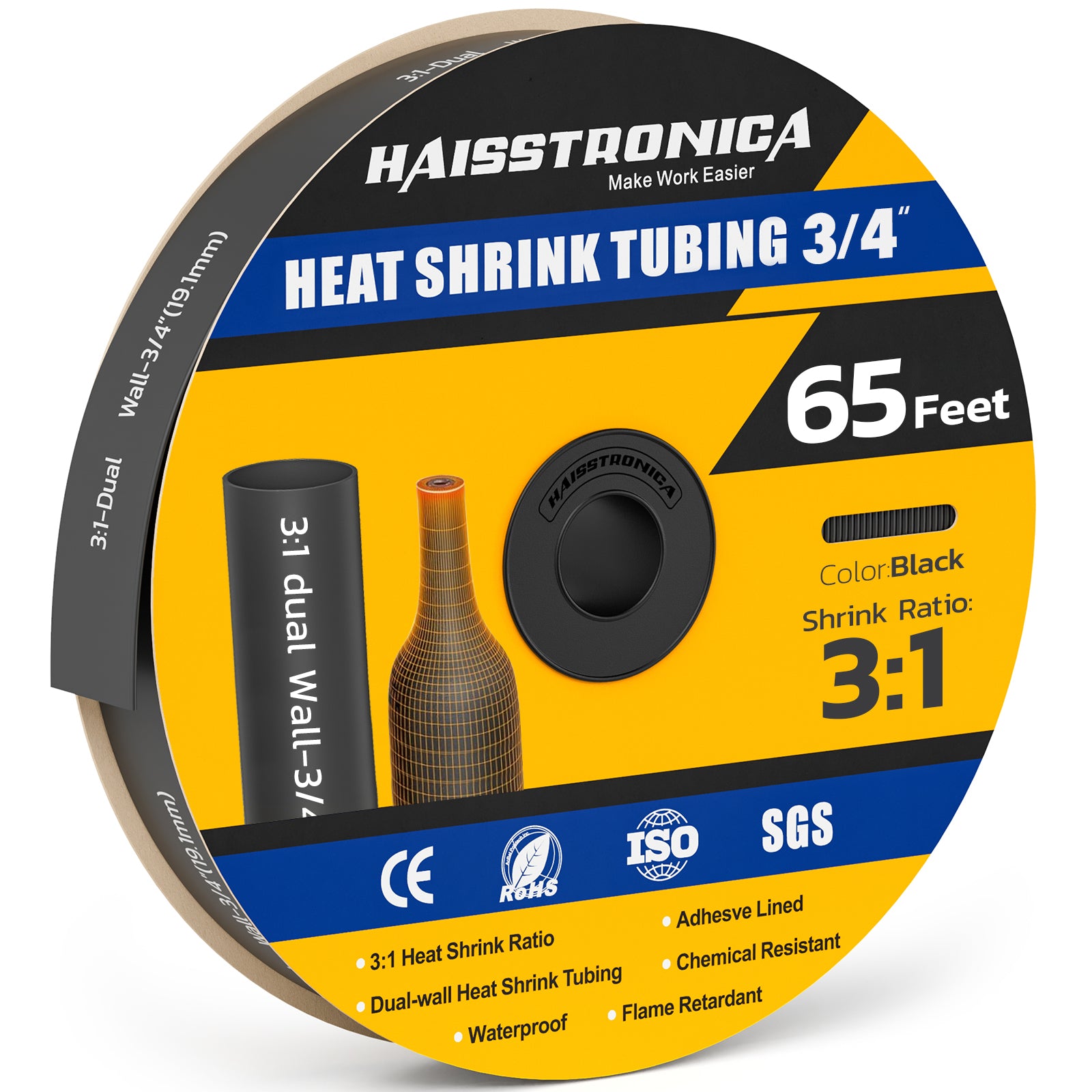 Haisstronica heavy duty heat shrink tubing (3/4", black, 65ft) – 3:1 ratio and waterproof for harsh environments.