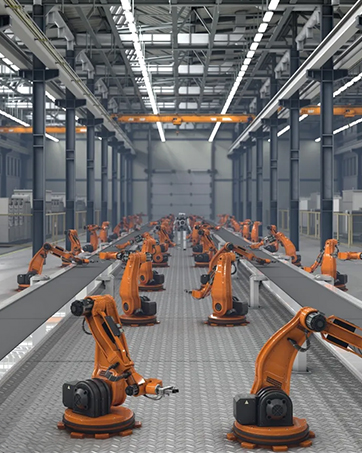 Industrial factory floor with robotic arms and production equipment