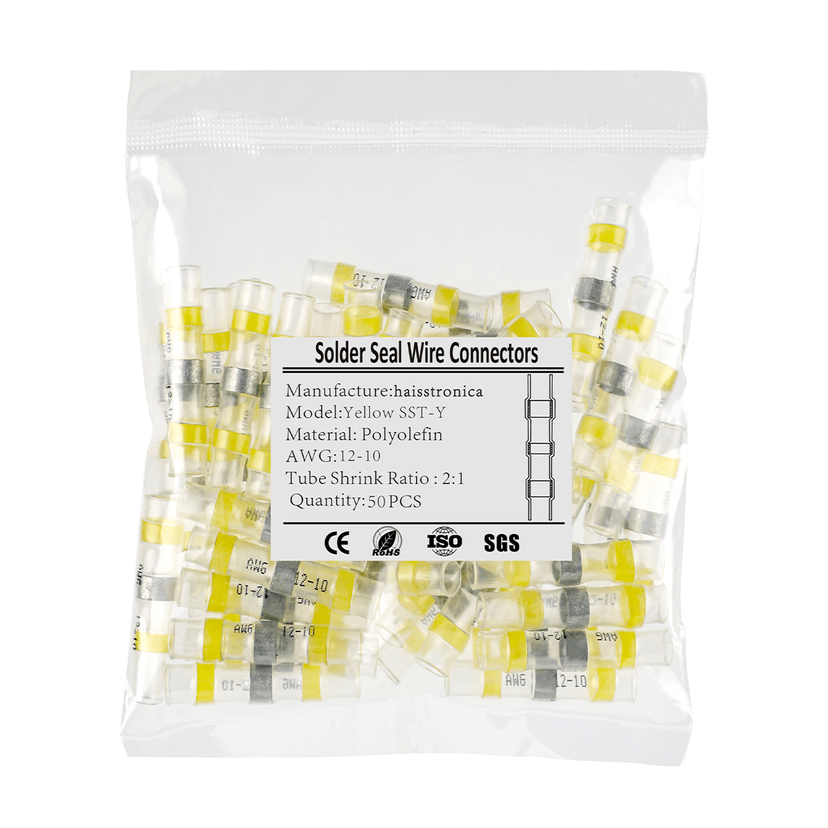 Heat shrink butt connectors - HAISSTRONICA Yellow SST-Y, AWG 12-10, 50pcs. CE/RoHS compliant.