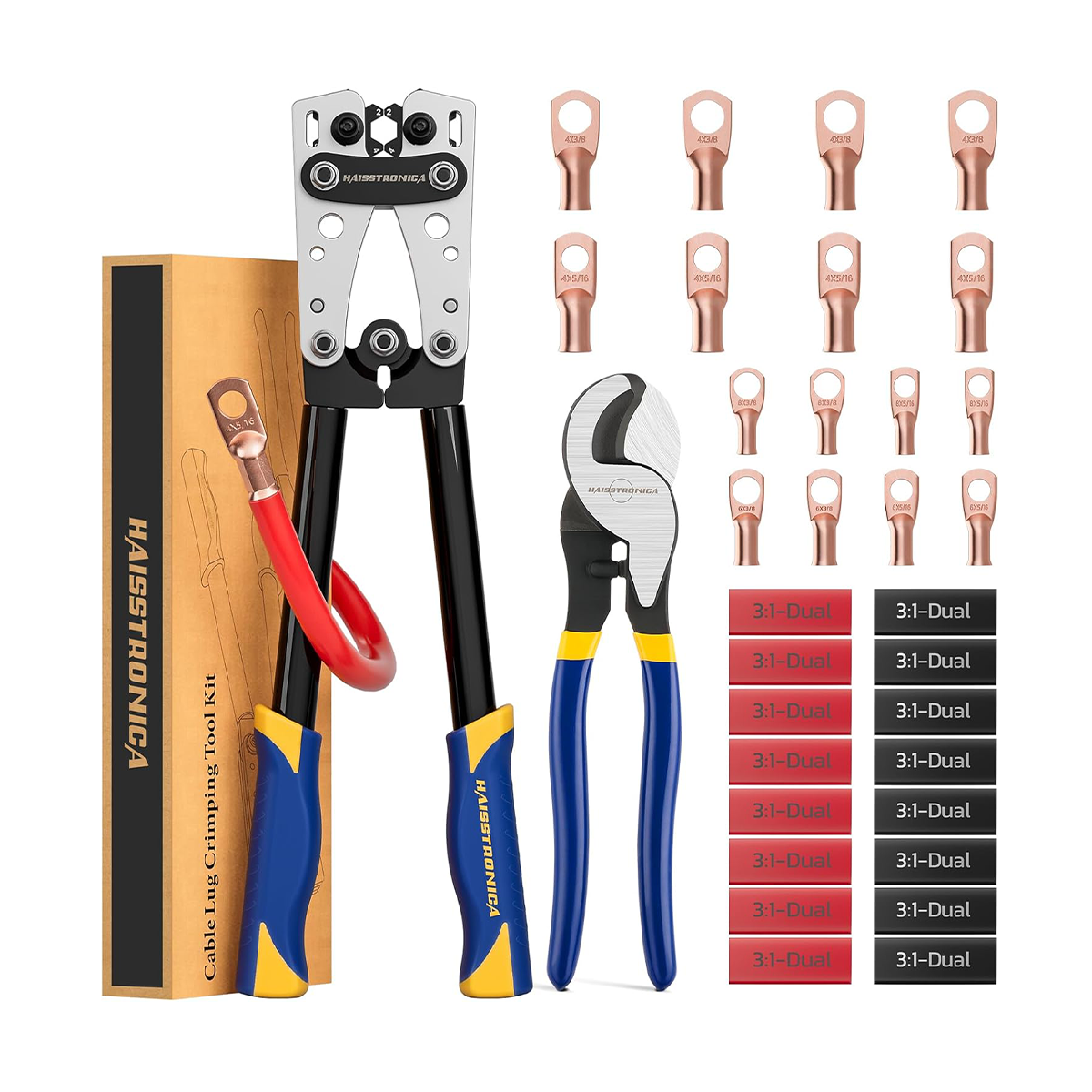 Haisstronica battery crimper kit, 24 copper lugs (4/0 to 16 AWG), dual 3:1 ratio, heavy-duty handles.