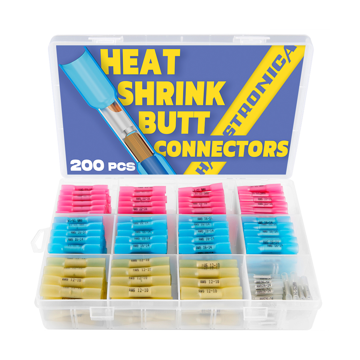 Electrical butt connectors set, 200pcs, color-coded AWG 12-10 to 26-14, waterproof professional splicing kit Stronica.