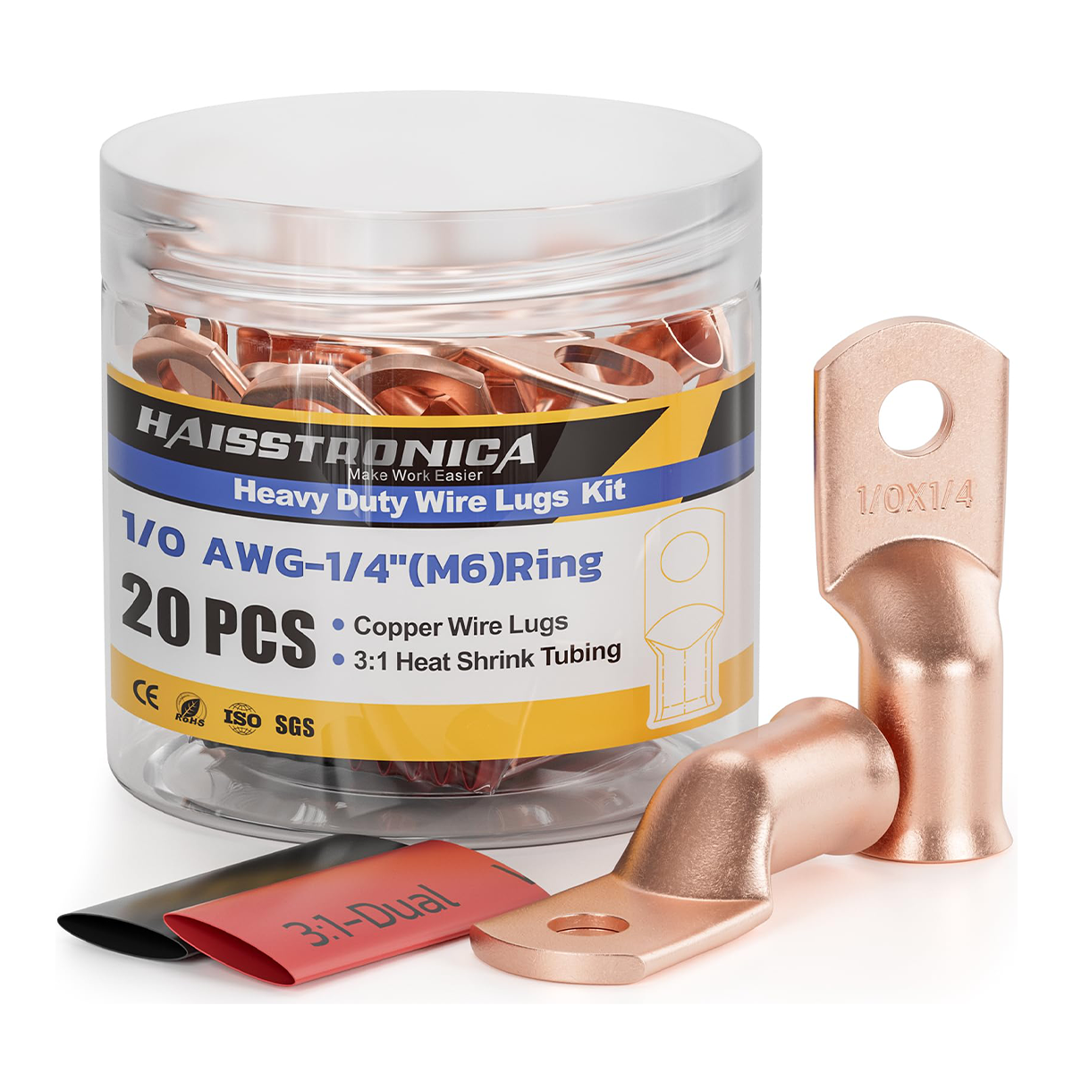 Haisstronica 1/0 AWG-1/4" battery cable ends with M6 ring, 19mm diameter, 3:1 dual-wall heat shrink for corrosion resistance.