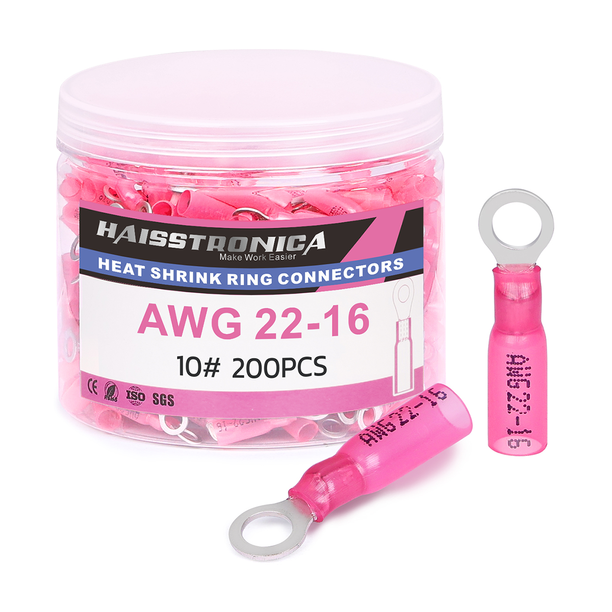Haisstronica heat shrink ring connectors (AWG 22-16, #10, 200PCS) for industrial and automotive wiring with corrosion resistance.