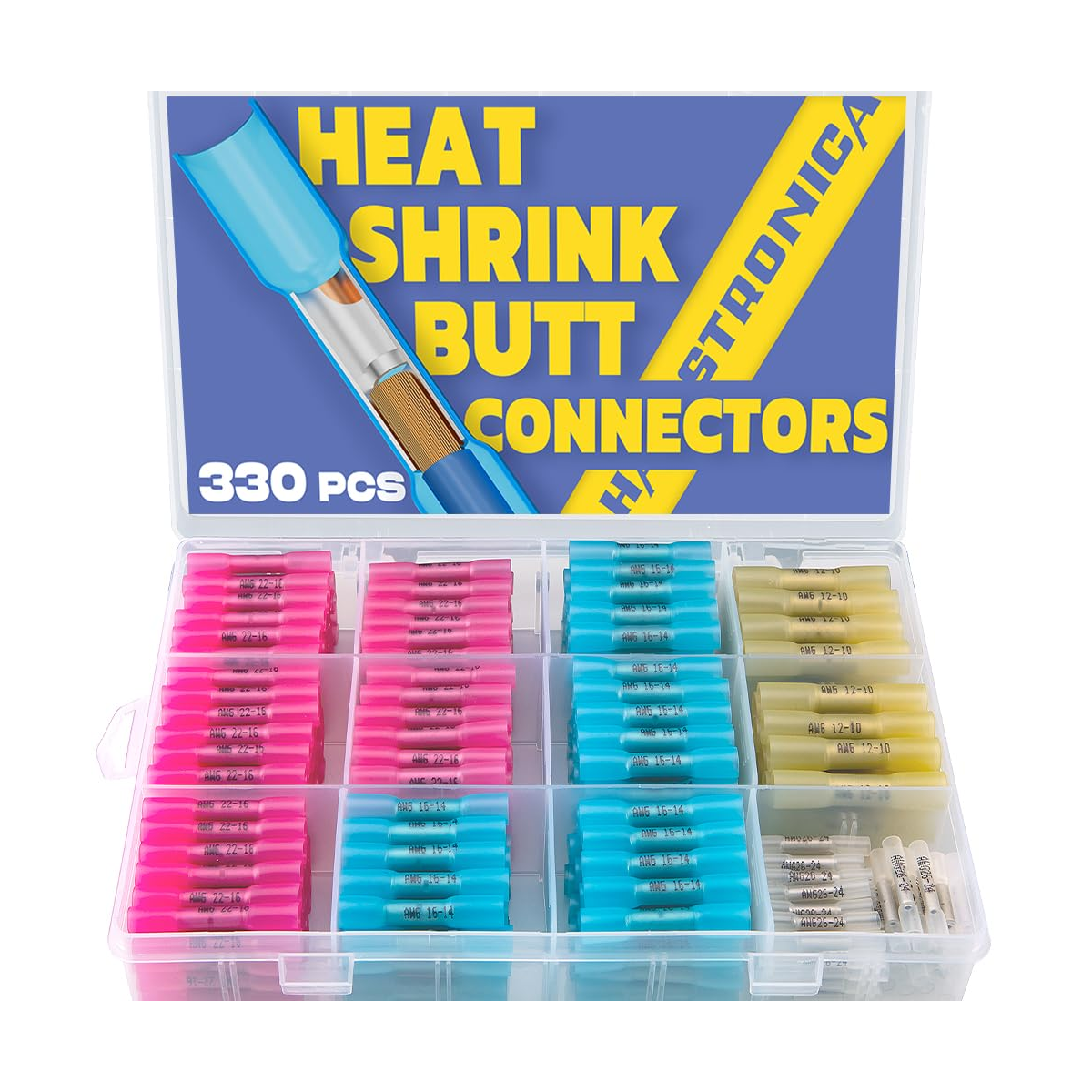 Stronica heat shrink butt connectors in blue case, 330pcs, color-coded AWG 12-10 to 26-14, waterproof professional splicing kit.