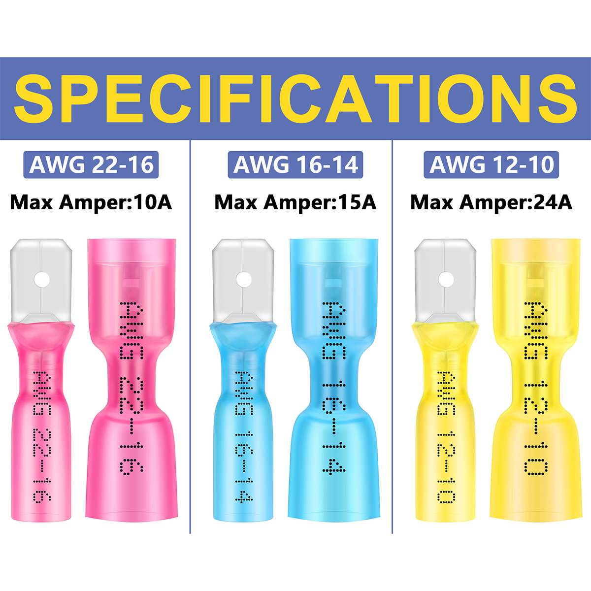 Haisstronica heat shrink electrical terminals: AWG 22-16/12-10 with 10A-24A amperage ratings.