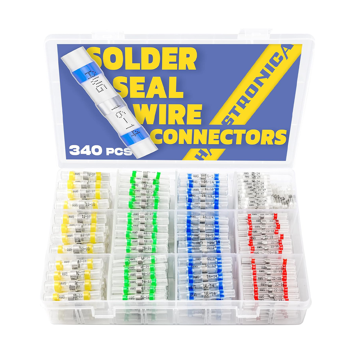 Solder wire connectors HAISSTRONICA 340PCS 12-10 to 22-18 AWG. Color-coded, transparent storage case with AWG labels.