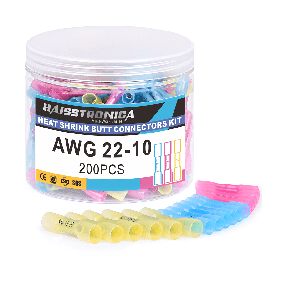 200PCS Haisstronica heat shrink butt splice kit for AWG 22-10 wires.