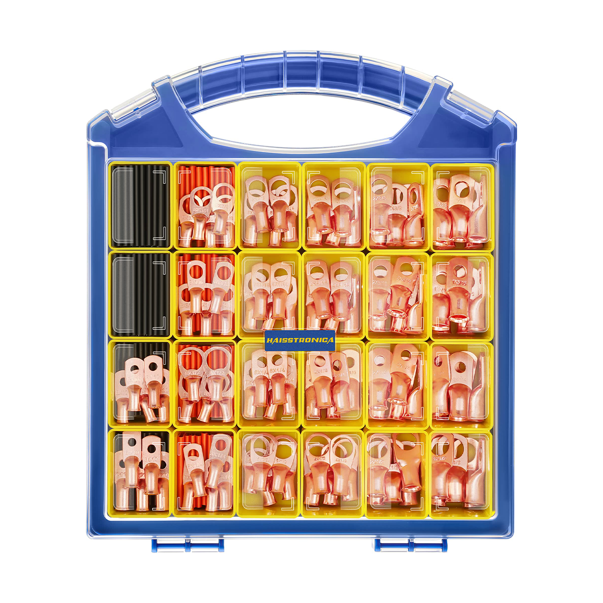 Haisstronica toolbox holds an assortment of copper battery cable ends. This neatly arranged set is designed for efficient electrical connections related to battery cables.