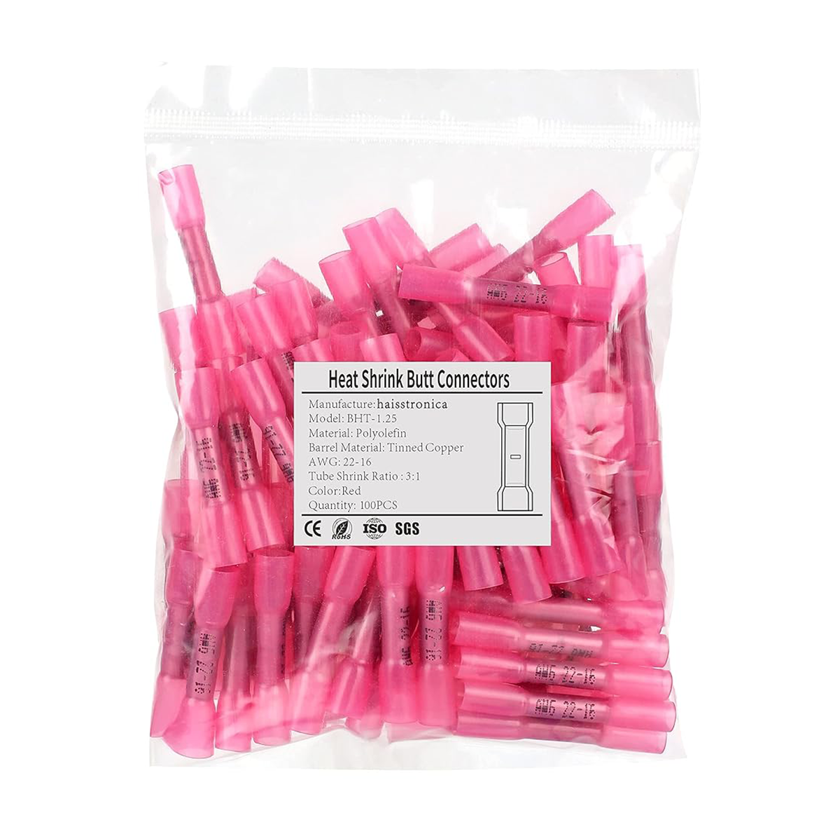 Red HAISSTRONICA butt splice connectors, BHT-1.25, AWG 22-16, CE/SGS, 100PCS professional grade.