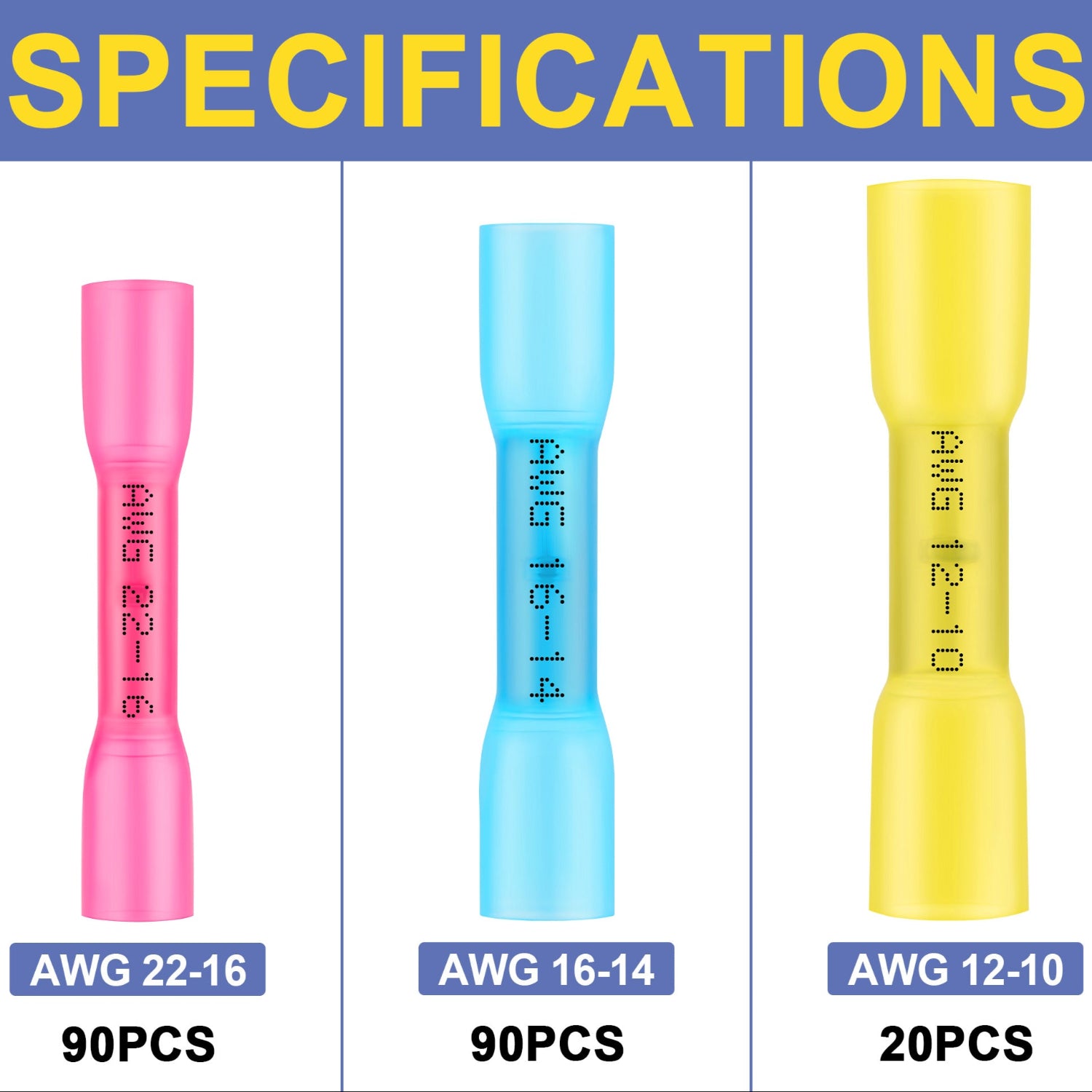 Haisstronica electrical wire connectors assortment (90PCS for AWG 22-16, 90PCS for AWG 16-14, 20PCS for AWG 12-10) with corrosion-resistant tinned copper cores.