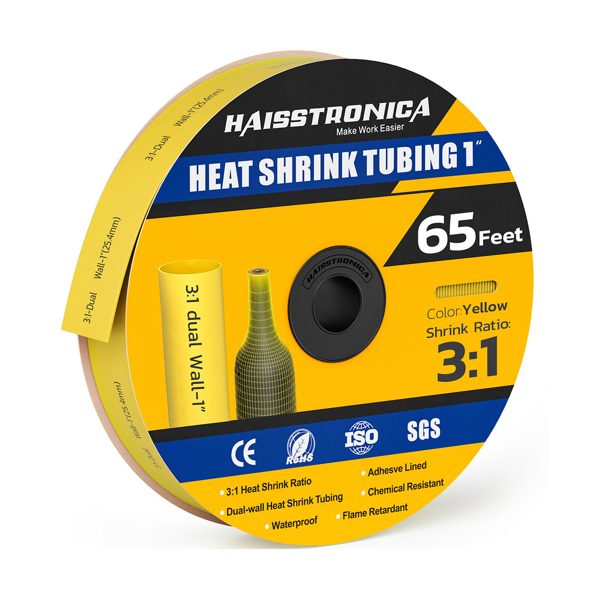 Haisstronica yellow heat shrink tubing (1", 65ft, 3:1 ratio) with dual-wall, waterproof, and flame-retardant properties for heavy-duty use.