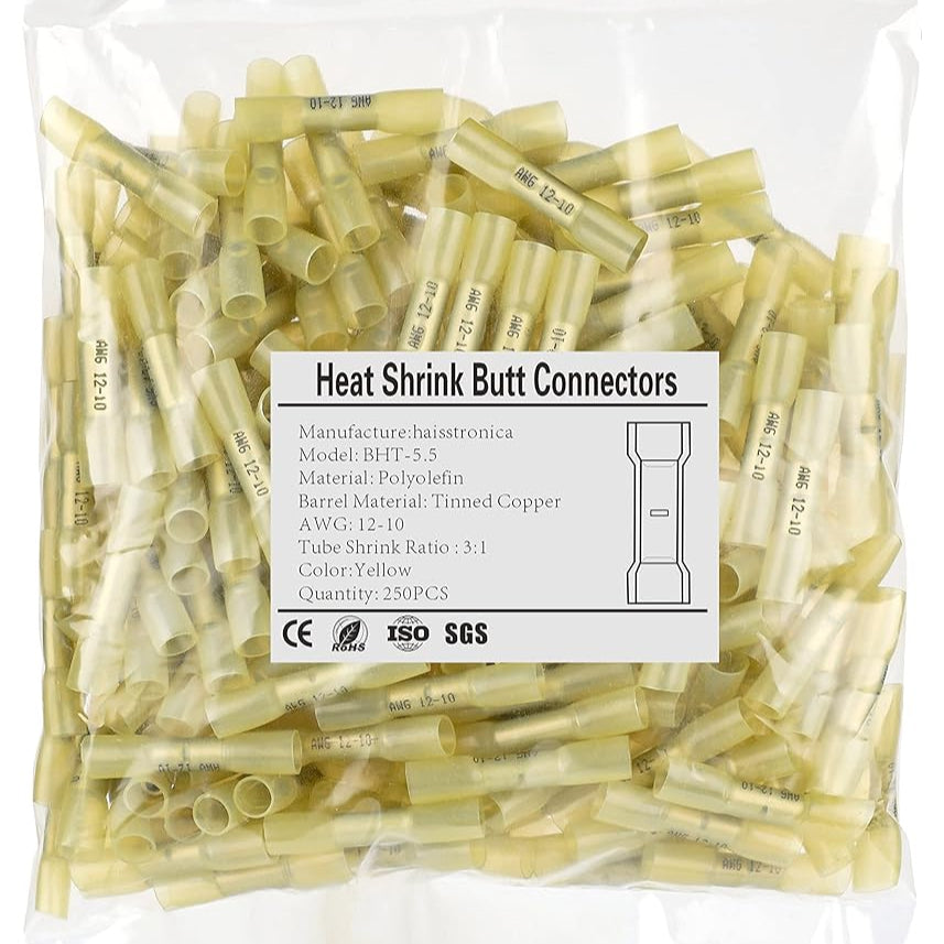 Yellow HAISSTRONICA electrical butt connectors BHT-5.5, AWG 12-10, 3:1 ratio, Polyolefin, IP67 waterproof.