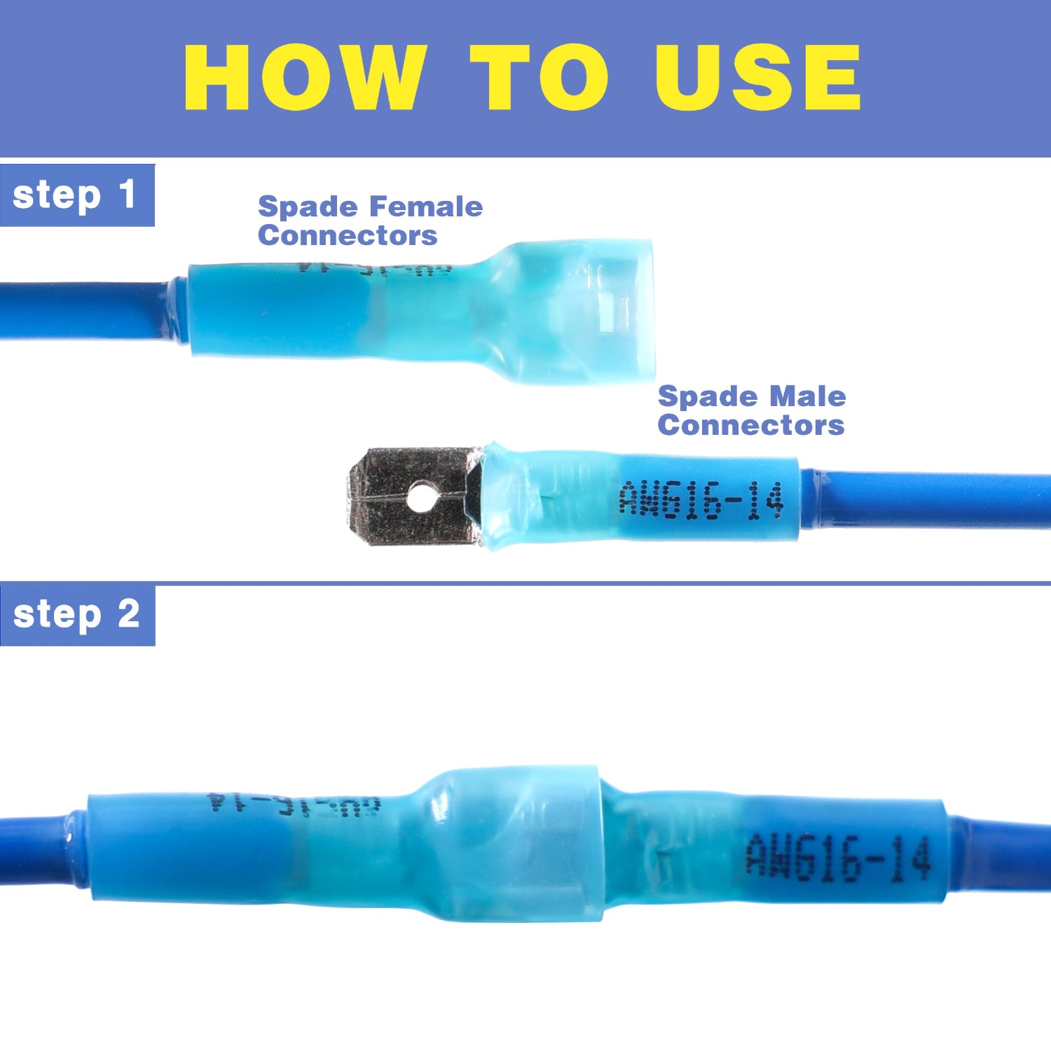Haisstronica spade connector heat shrink: step-by-step guide for male/female AWG 15-14 connectors.