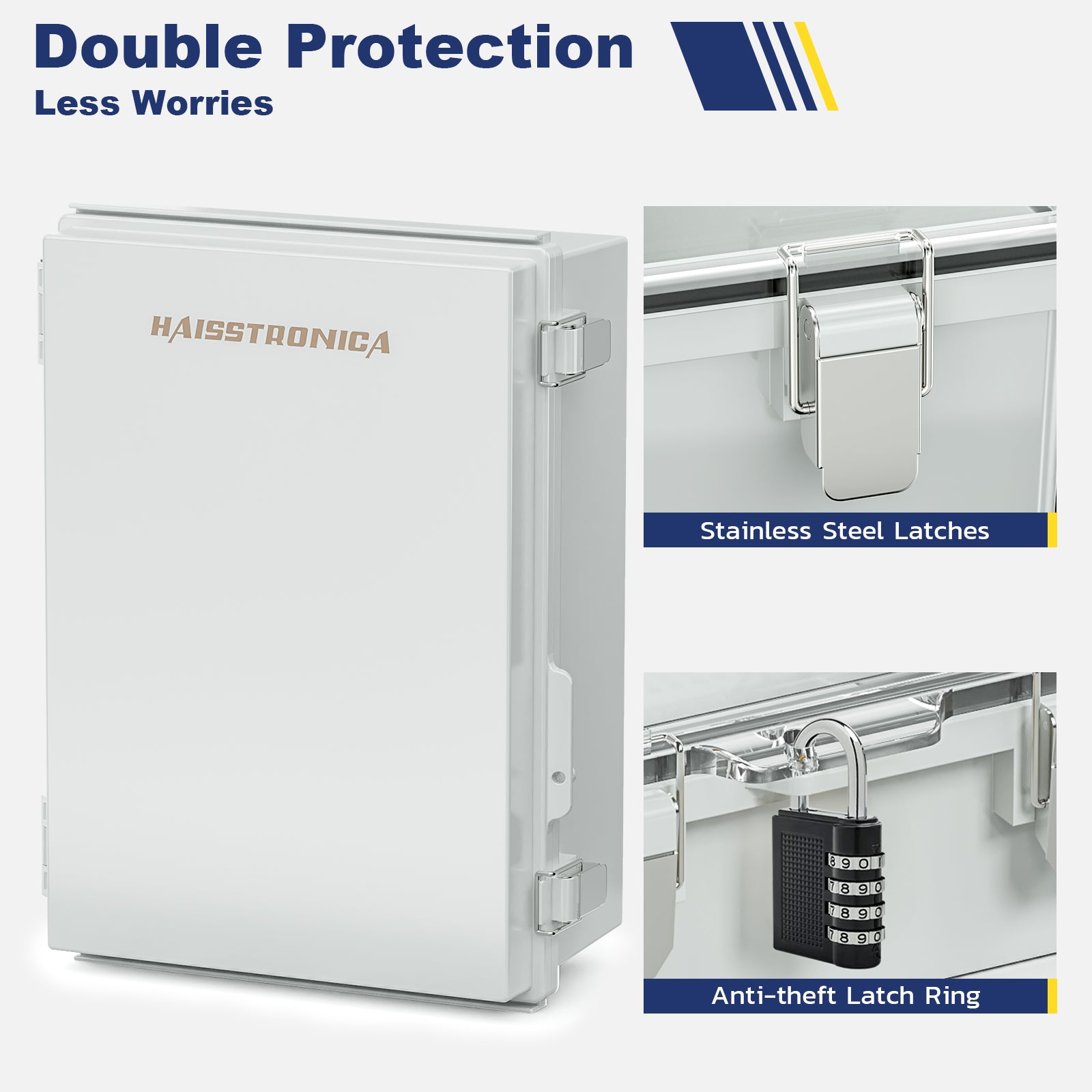 Haisstronica outdoor weatherproof box with stainless steel latches and anti-theft latch ring for secure applications.