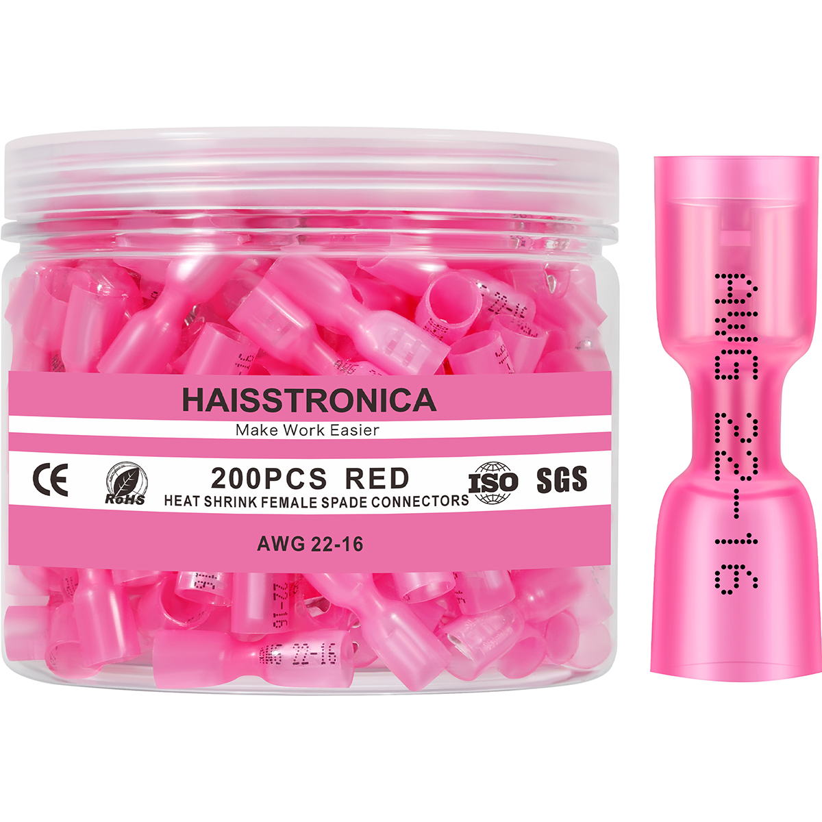 Haisstronica heat shrink spade connectors, 200PCS red female terminals for AWG 22-16, ISO SGS certified.