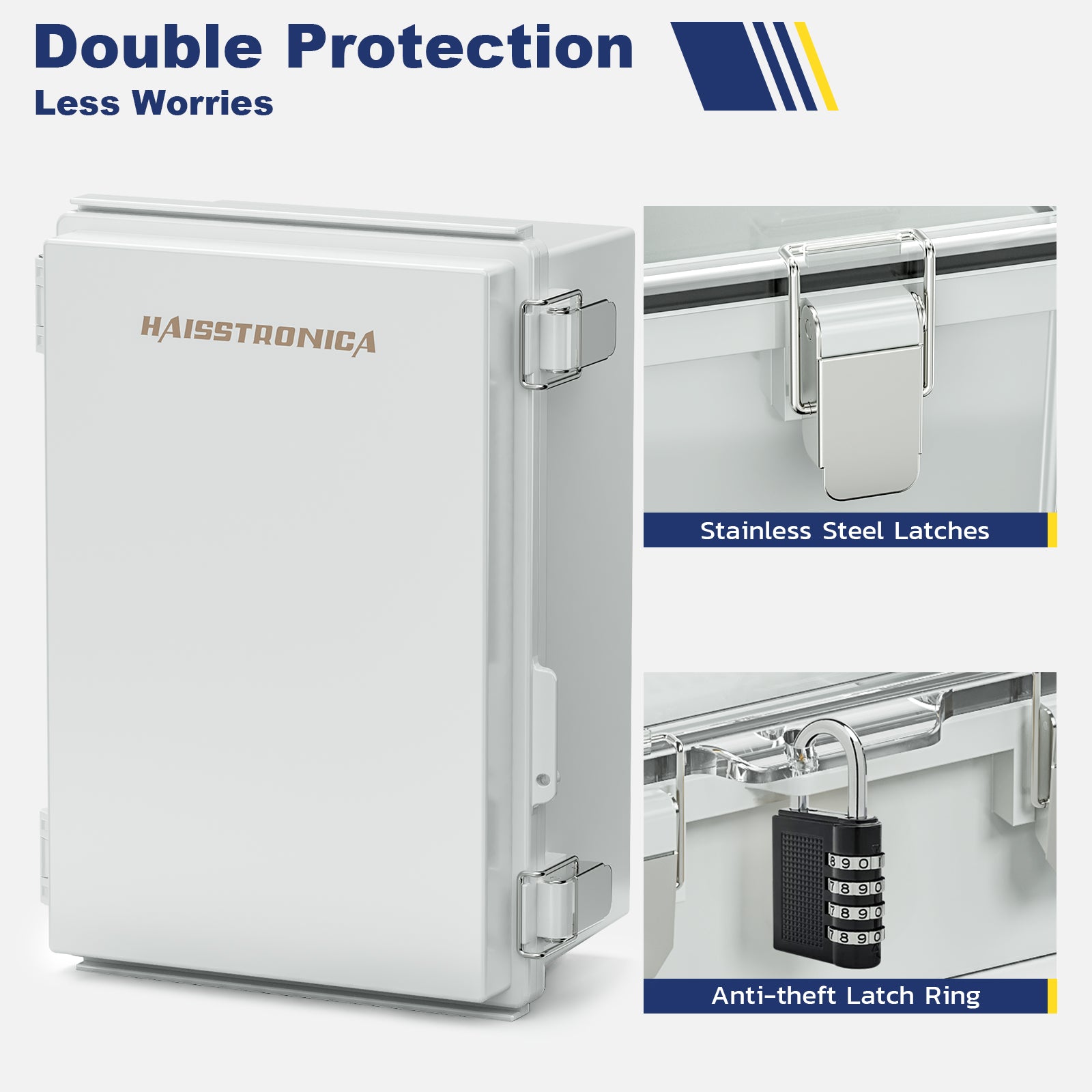 Haisstronica outdoor weatherproof box with stainless steel latches and anti-theft latch ring for secure installations.