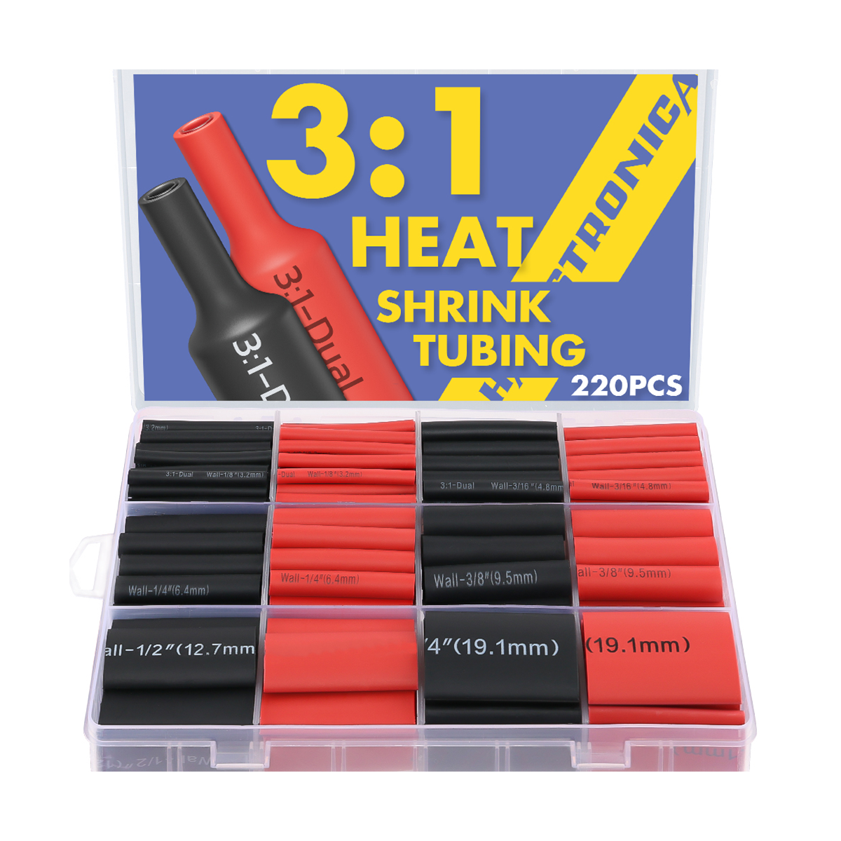 Haisstronica red/black heat shrink tubing set, 220PCS, 3:1 dual-wall, 1/4"-1/2" sizes, electrical insulation.
