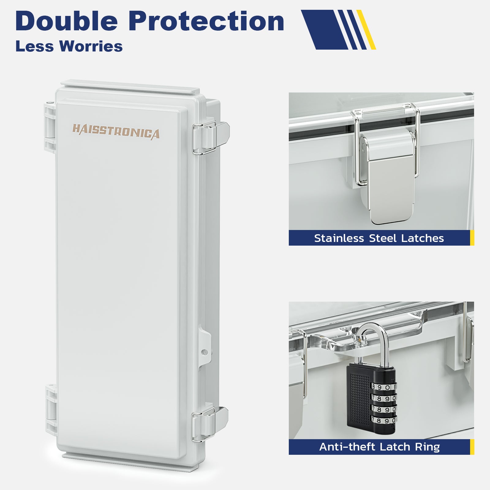 Haisstronica outdoor electrical junction box with double-protection latches for enhanced security and durability.