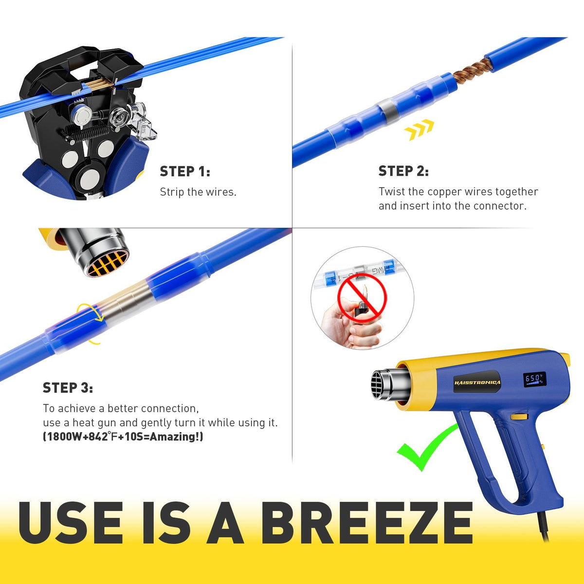 Step-by-step guide: Strip, twist, and heat-seal wires with Haisstronica solder butt connectors.