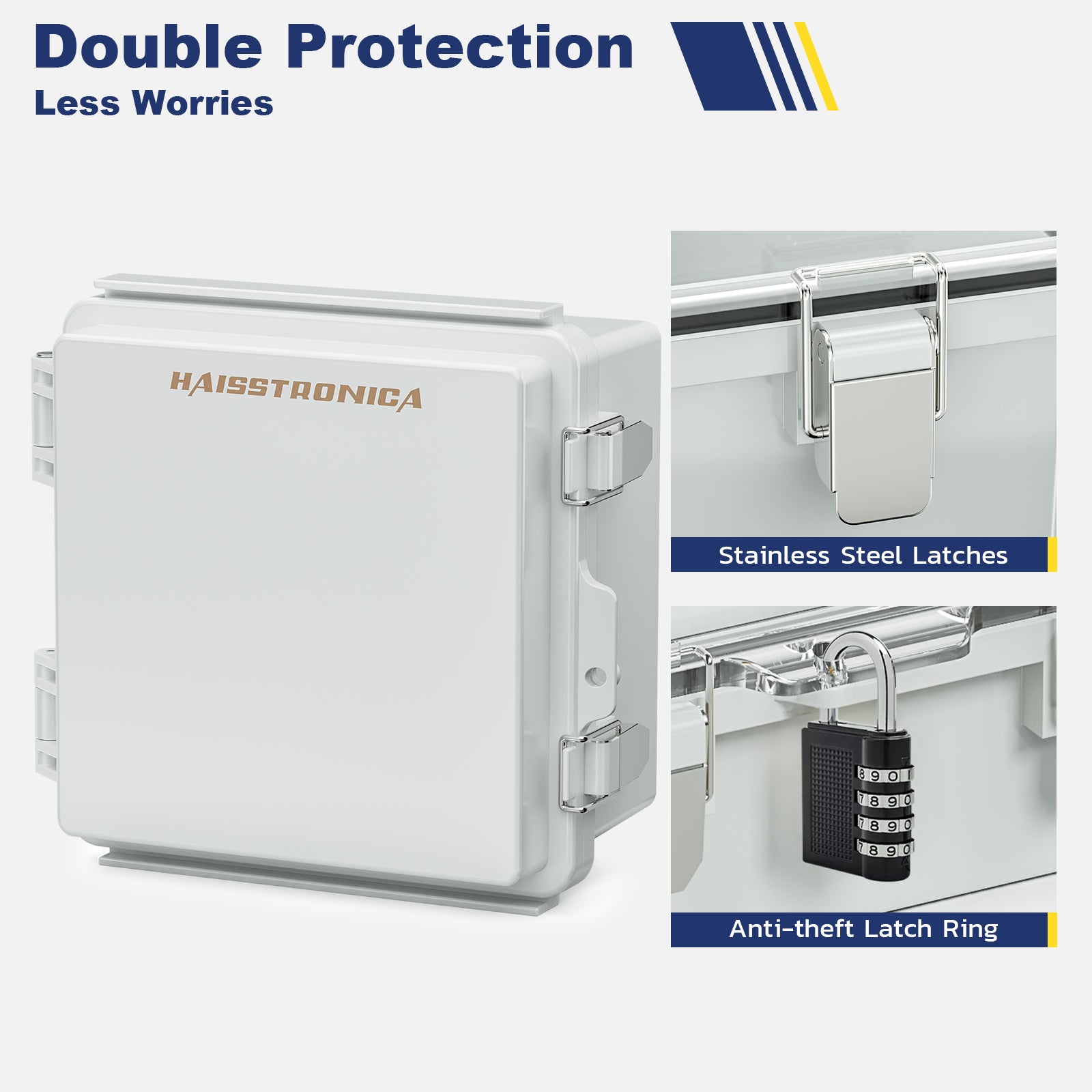 Secure Haisstronica outdoor weatherproof box with stainless steel latches and anti-theft latch ring for enhanced safety.