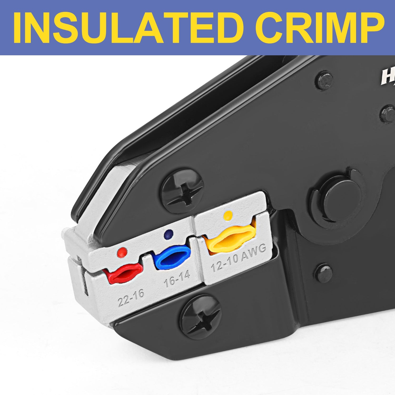 Haisstronica crimping dies for insulated terminals: AWG 22-16, 16-14, and 12-10 crimps with precision alignment.