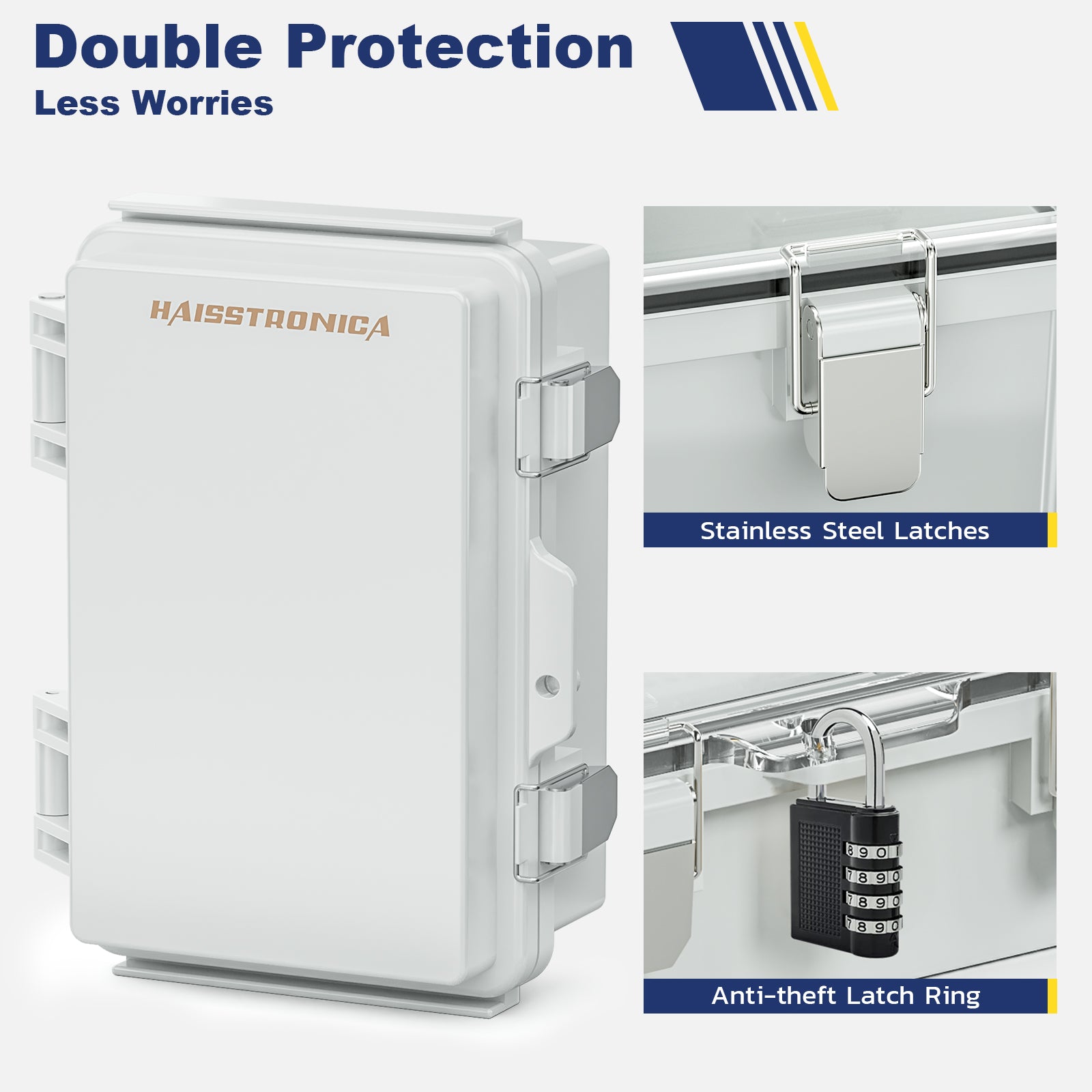 Haisstronica weatherproof box with stainless steel latches and anti-theft latch ring for enhanced outdoor security.