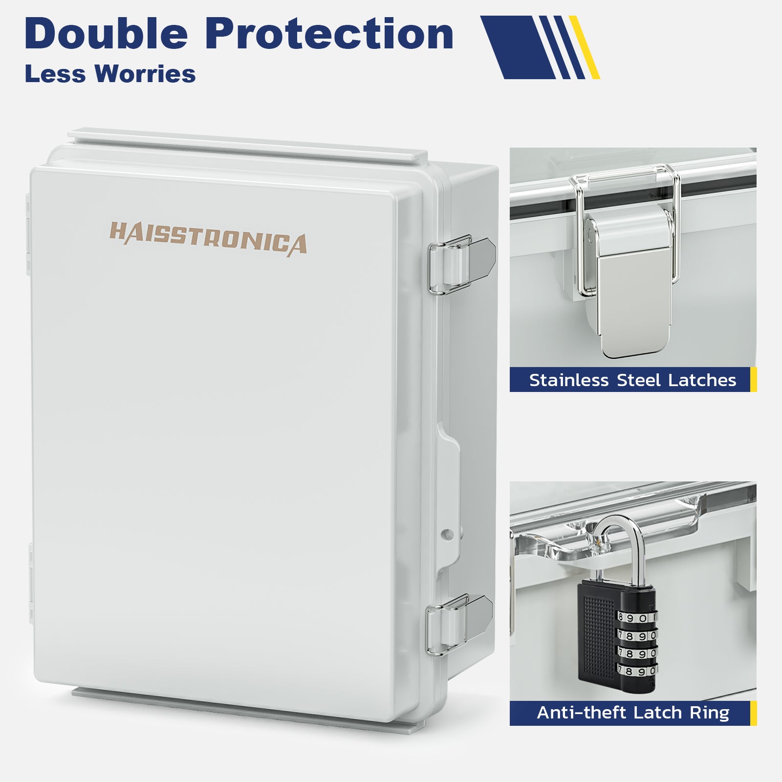 Haisstronica weatherproof box featuring anti-theft latch ring and stainless steel latches for secure outdoor use.