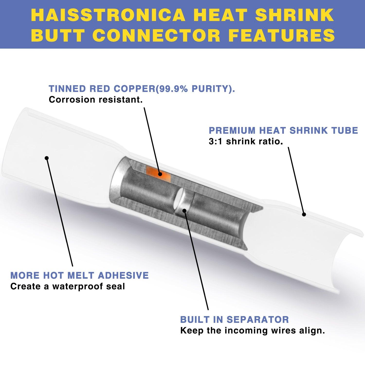 White heat shrink butt connector cross-section, HAISSTRONICA, 3:1 shrink ratio, waterproof adhesive.