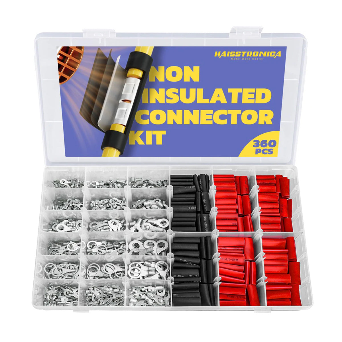 360PCS organizer of lugs and heat-shrink tubes, highlighting a complete non insulated ring terminal selection for wiring