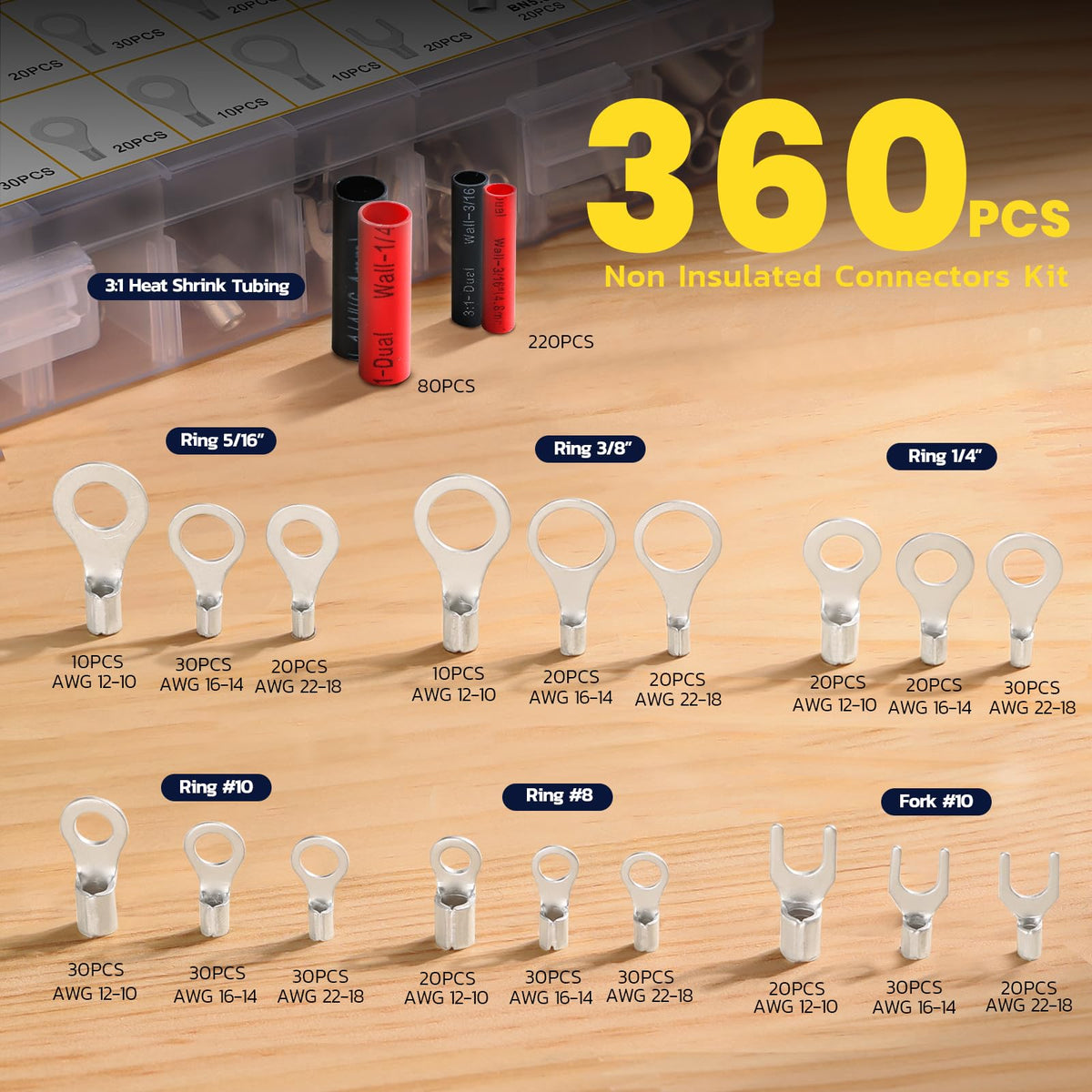 Kit layout with ring assortments and heat-shrink tubes, a concise visual guide compatible with insulated terminals use