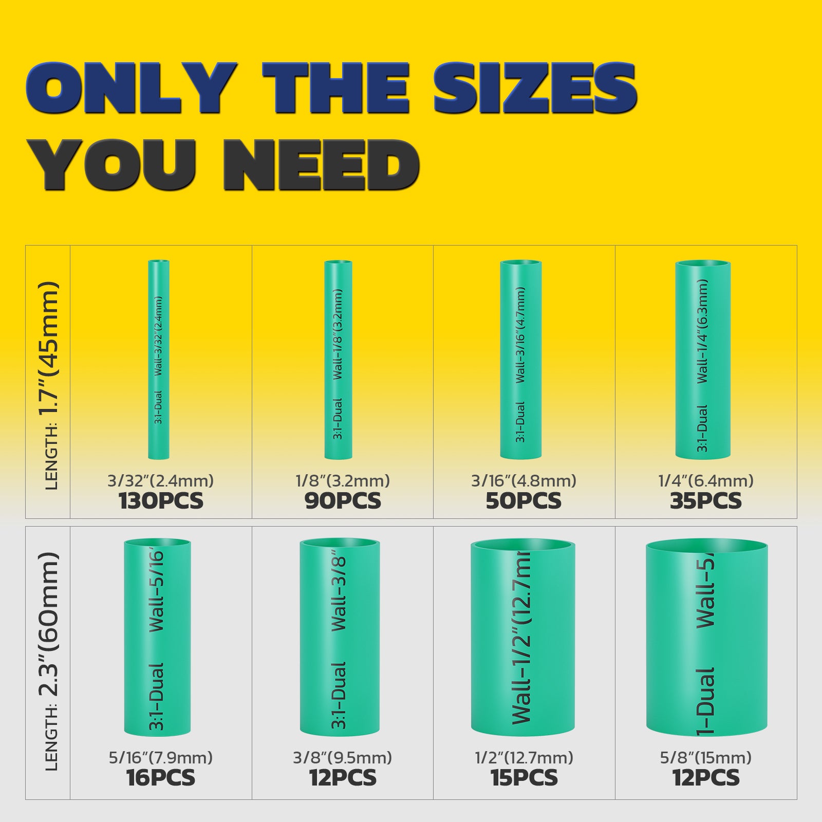 Haisstronica waterproof heat shrink tubing chart, dual-wall 3:1 ratio, industrial electrical insulation.